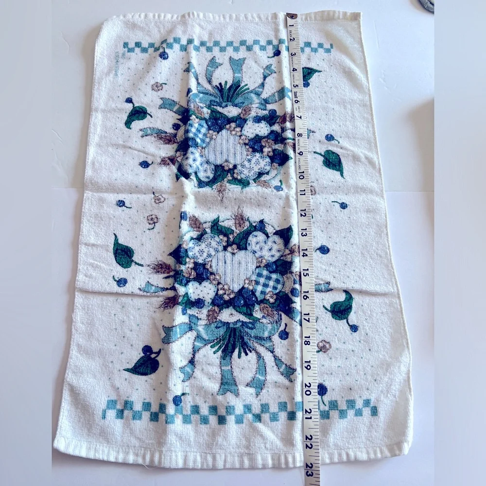 Vintage Kitchen Towels Featuring a Blue/Green/Brown Hearts and Ribbon Bouquet.